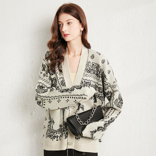 丁摩 全羊毛印花针织毛衣上衣加厚高密重工开衫外套2106WX-146 商品图6