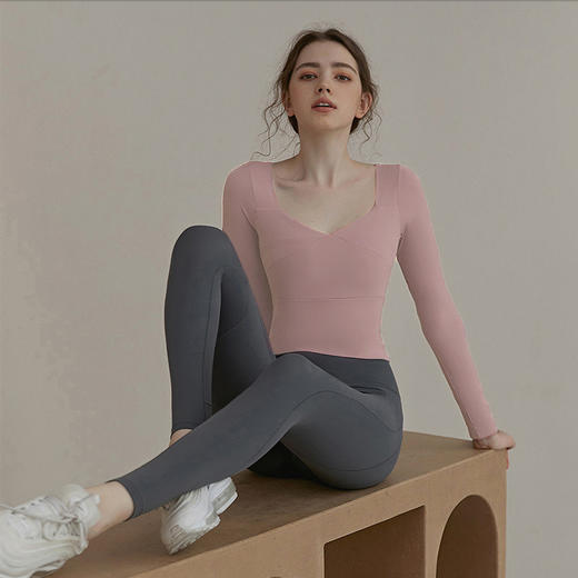 2021欧美新款瑜伽服女长袖T恤带胸垫跑步紧身健身服修身显瘦上衣 商品图2