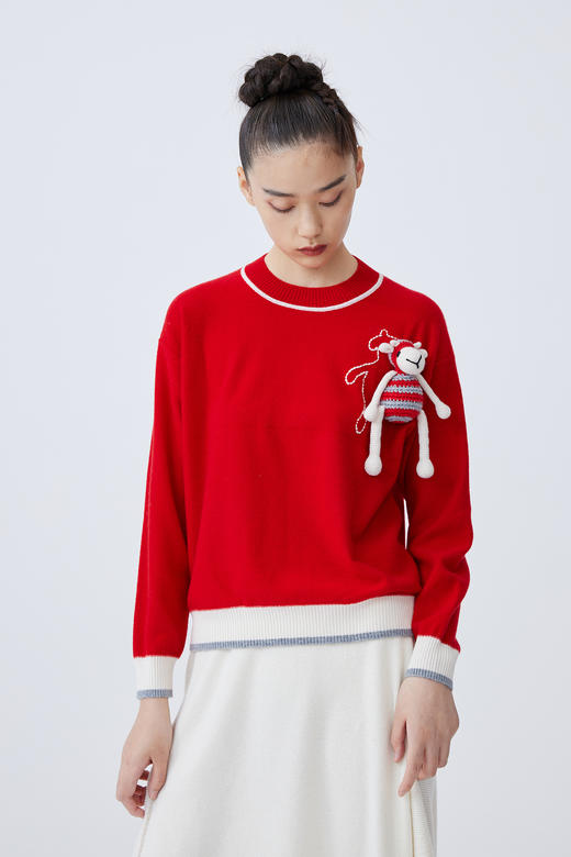  圆领撞色手工绣花羊绒女套衫 SJF93W438N 商品图5