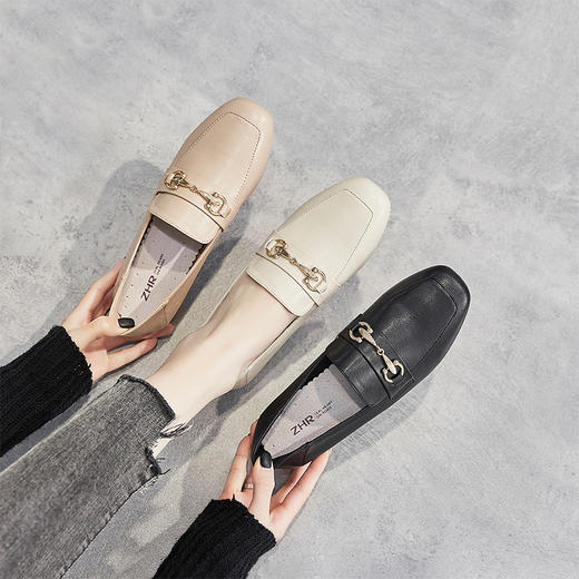 ZHR百搭乐福鞋女中跟单鞋英伦风一脚蹬粗跟小皮鞋 商品图1