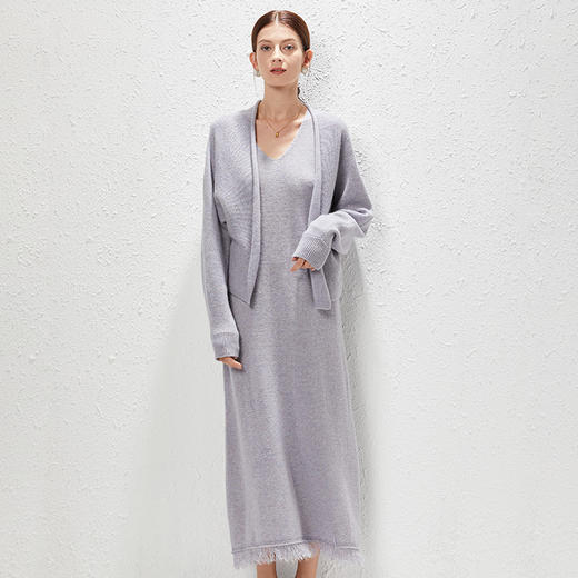 丁摩 全羊毛亮片卷边小开衫上衣外套+V领流苏针织无袖连衣裙两件套套装WX159-6109/6108 商品图0