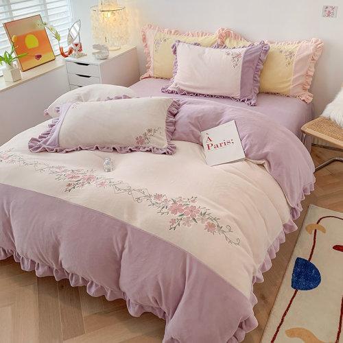 秋冬牛奶绒绣花保暖四件套 加厚保暖绒被套床单4件套-冬季恋歌 商品图1