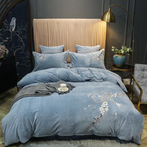 宝宝绒中式刺绣秋冬保暖四件套 御寒保暖被套床单4件套-思境中 商品图0