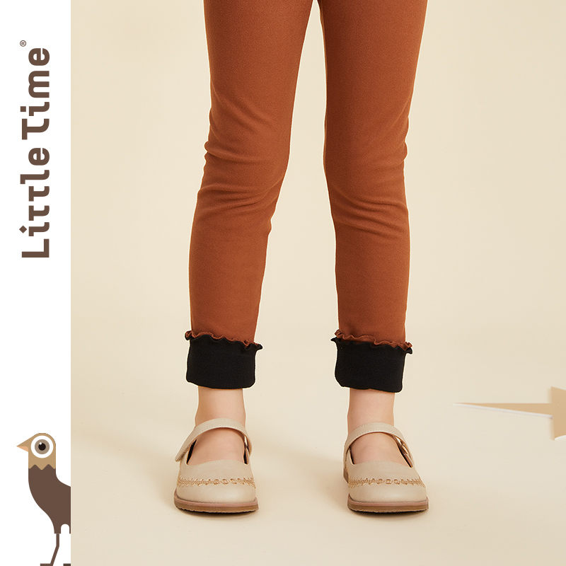 littletime女童打底裤秋冬款拼色磨毛加厚保暖2022新款外穿儿童裤