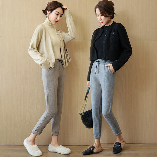 2021新款韩版毛呢休闲女裤秋冬高腰宽松百搭萝卜小脚休闲学生高腰 九分烟管裤哈伦裤 商品图2