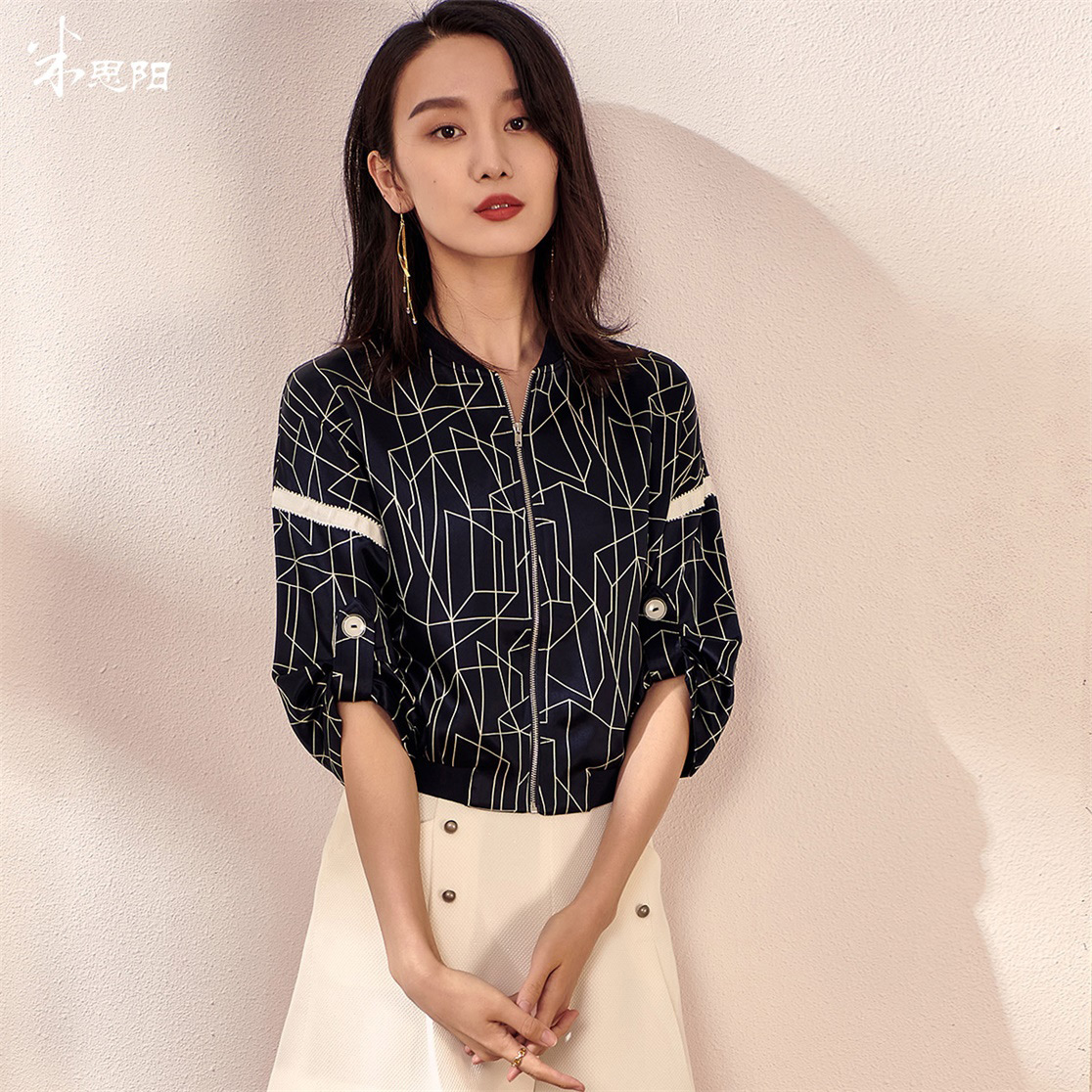 剩S/M/L 拼接醋酸印花秋装新款简约休闲百搭棒球服醋酸短外套女