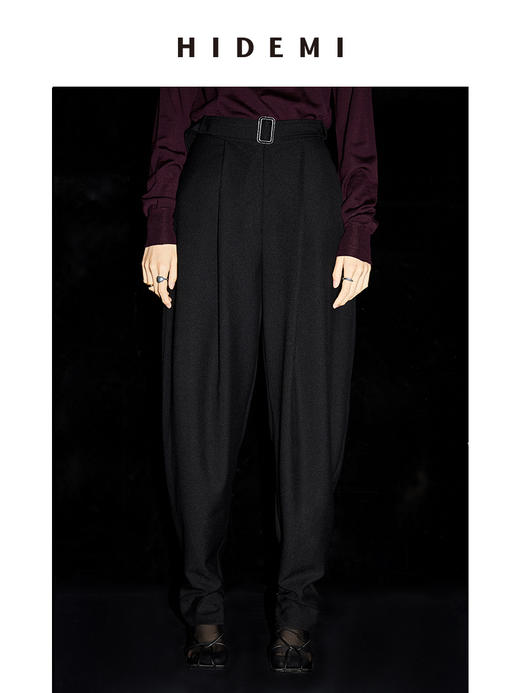 HIDEMI 简约腰带式高腰锥形长裤 黑色/卡其色 商品图11