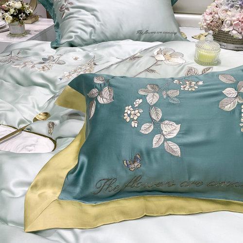 My Side 80支纱兰精天丝四件套 绣花工艺床上用品被套床单4件套-夏朵(薄荷绿) 商品图2