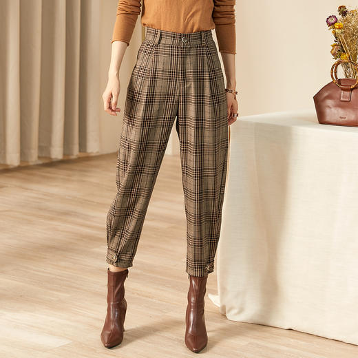 剩S 米思阳2021秋装新款复古英伦风格子哈伦裤高腰显瘦休闲裤女 商品图3