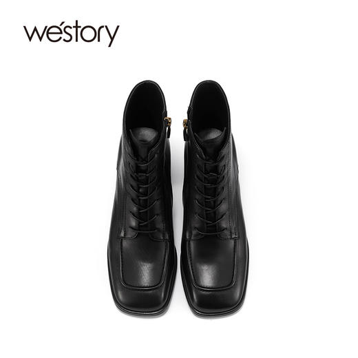 westory2021新款系带时装靴高跟方头短靴真皮英伦风复古质感女靴W21DS81501 商品图2