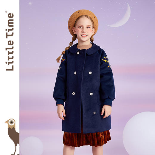 littletime女童毛呢外套秋冬装刺绣2021新款中长儿童加厚保暖大衣 商品图1