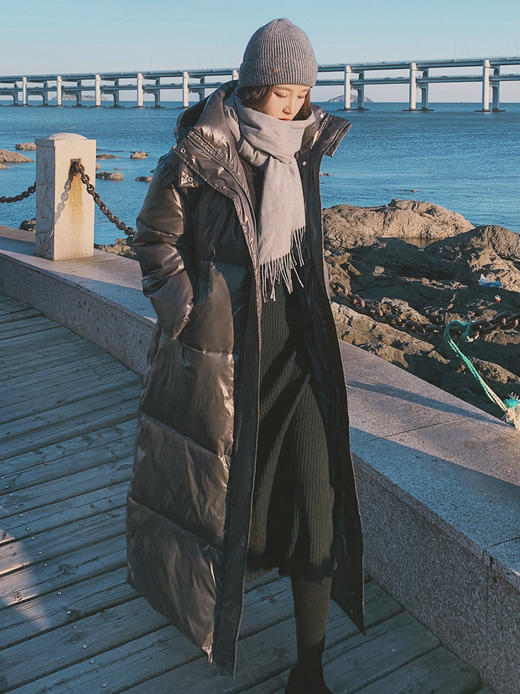 【100%纯棉 靓丽街头】2021新款长款亮皮连帽棉服 商品图1