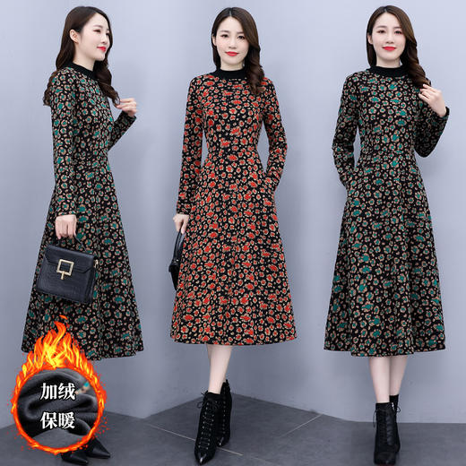 连衣裙新款洋气气质长裙长袖打底长款中年贵夫人妈妈加绒加厚 HRYZ7682 商品图0