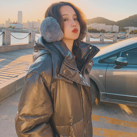 【100%纯棉 靓丽街头】2021新款长款亮皮连帽棉服 商品图3