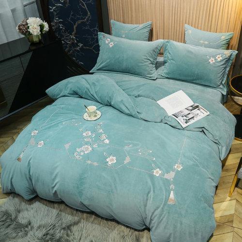 宝宝绒中式刺绣秋冬保暖四件套 绒类床上用品御寒保暖被套床单-弄清影 商品图1