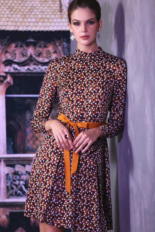 【伯妮斯茵】【伯妮斯茵】主题款咖啡色印花连衣裙3S6238 商品图0