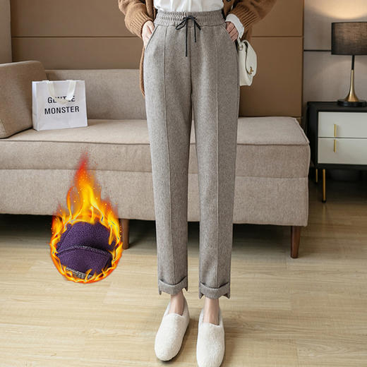 毛呢高腰小脚哈伦裤，毛呢面料，挺括版型，藏肉不臃肿 显高显瘦 松紧裤腰 保暖御寒2色可选 商品图0