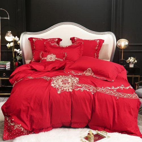 My Side 60支纱刺绣工艺 婚庆全棉四件套绣花 环保活性印染-安吉拉(正红) 商品图0