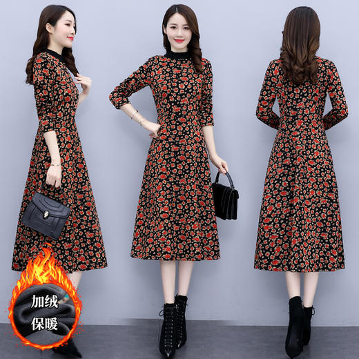 连衣裙新款洋气气质长裙长袖打底长款中年贵夫人妈妈加绒加厚 HRYZ7682 商品图3