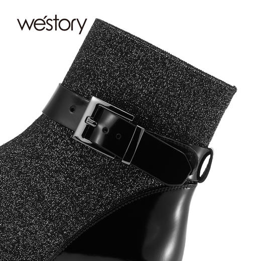 westory秋冬粗跟短靴圆头拼接扣带复古时装靴女靴袜靴黑色W21DS81511 商品图6