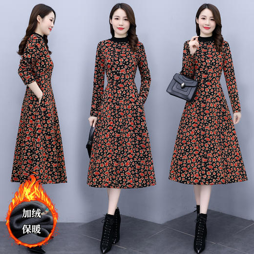连衣裙新款洋气气质长裙长袖打底长款中年贵夫人妈妈加绒加厚 HRYZ7682 商品图1