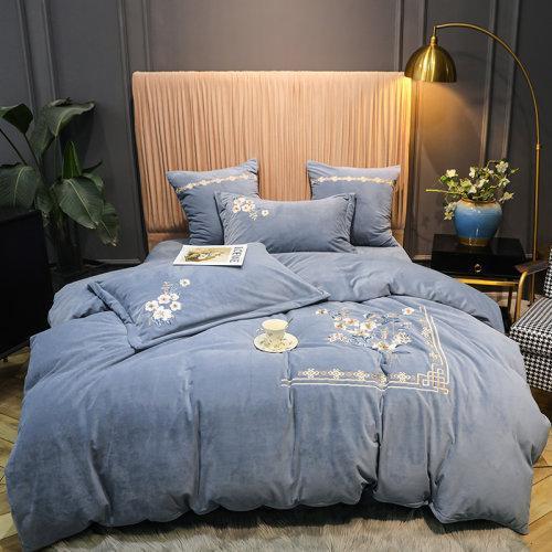 宝宝绒中式刺绣秋冬保暖四件套 被套床单4件套-闻落花 商品图0