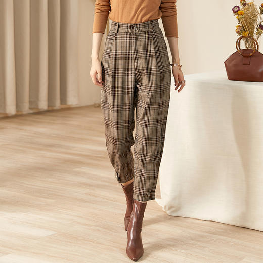 剩S 米思阳2021秋装新款复古英伦风格子哈伦裤高腰显瘦休闲裤女 商品图1