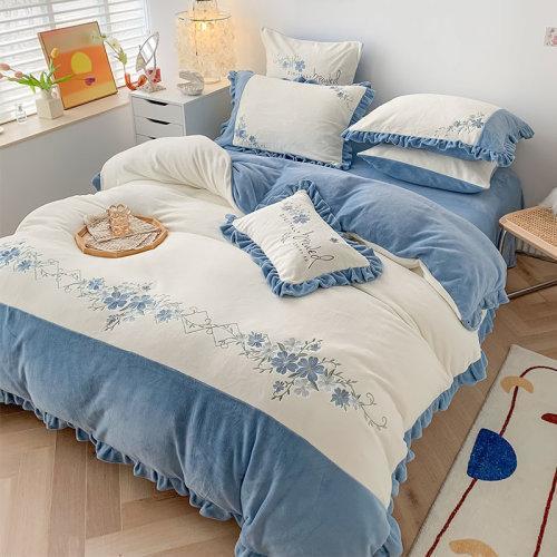 秋冬牛奶绒绣花保暖四件套 加厚保暖绒被套床单4件套-冬季恋歌 商品图6