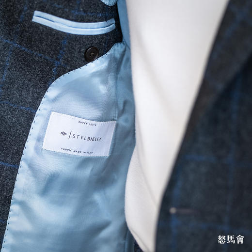 Stylbiella Super 100's 澳洲美丽诺羊毛碳灰色蓝窗格纹粗纺法兰绒套装 商品图6