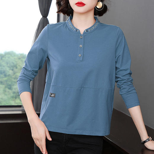 MZ 116798立领纯色绣花棉质大码T上衣 商品图2