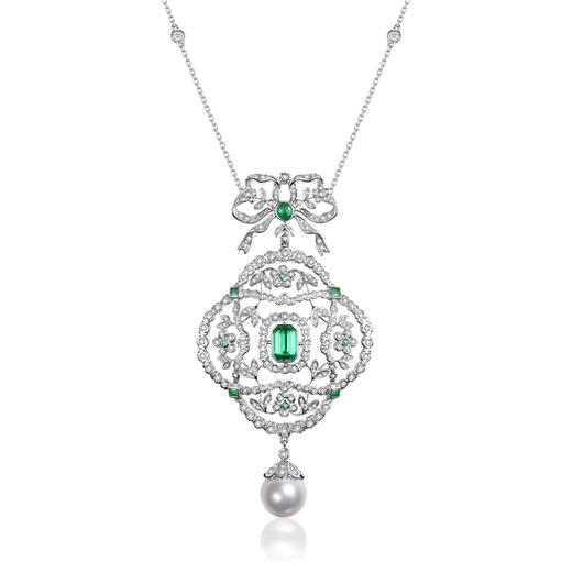 【洛可可小姐】JULEE JULEE茱俪珠宝 18K白金祖母绿Akoya珍珠钻石项链 商品图1