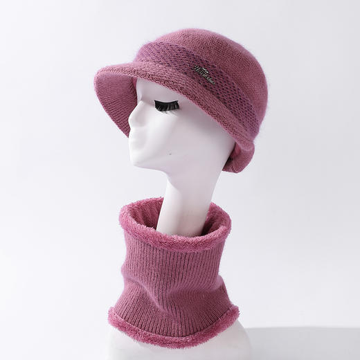 ZQ-H1-M1332（PH拼接格纹兔毛帽子围脖套件）韩国兔毛针织帽子围脖套件冬天防寒加绒妈妈帽大头围保暖帽 商品图6