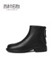 西村名物2021秋冬新款简约黑色圆头粗跟短靴后拉链女小皮靴T21DS45051 商品缩略图1