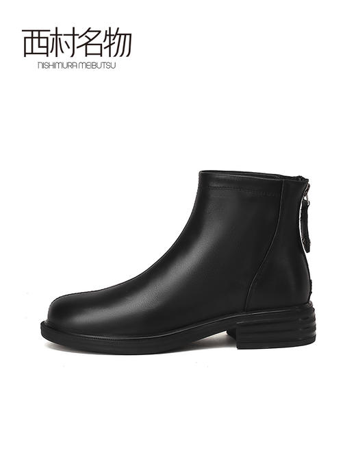 西村名物2021秋冬新款简约黑色圆头粗跟短靴后拉链女小皮靴T21DS45051 商品图1