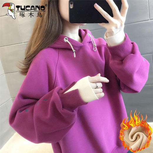 啄木鸟纯棉加绒加厚卫衣女装宽松韩版新款冬季连帽上衣洋气女外套 商品图6