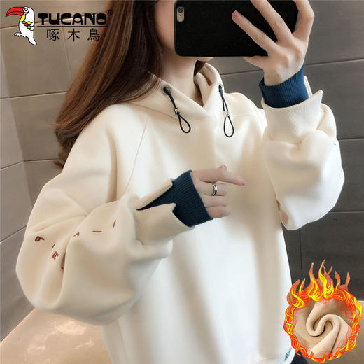 啄木鸟纯棉加绒加厚卫衣女装宽松韩版新款冬季连帽上衣洋气女外套 商品图5