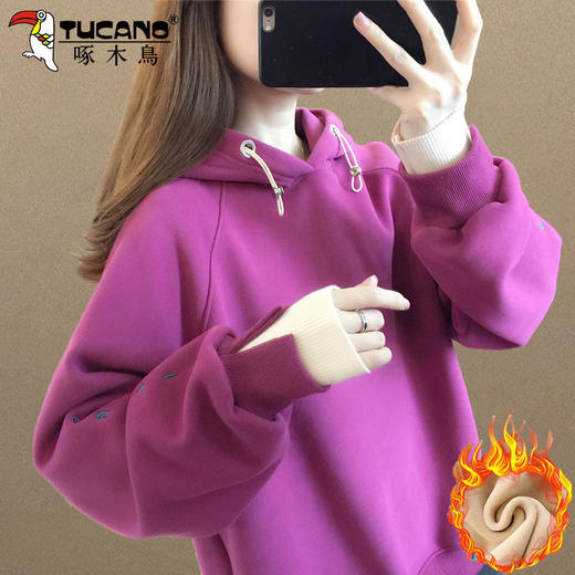 啄木鸟纯棉加绒加厚卫衣女装宽松韩版新款冬季连帽上衣洋气女外套 商品图2