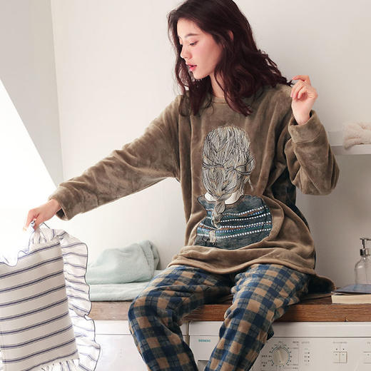 睡衣女秋冬季珊瑚绒长袖家居服女宽松长款秋冬季大码居家服女套装 商品图6