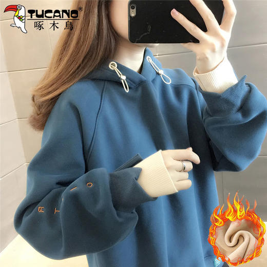 啄木鸟纯棉加绒加厚卫衣女装宽松韩版新款冬季连帽上衣洋气女外套 商品图7
