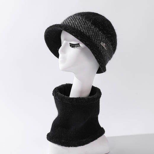ZQ-H1-M1332（PH拼接格纹兔毛帽子围脖套件）韩国兔毛针织帽子围脖套件冬天防寒加绒妈妈帽大头围保暖帽 商品图4