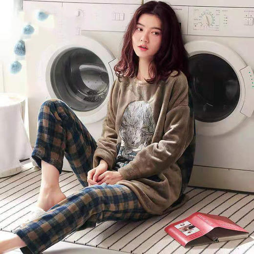 睡衣女秋冬季珊瑚绒长袖家居服女宽松长款秋冬季大码居家服女套装 商品图2
