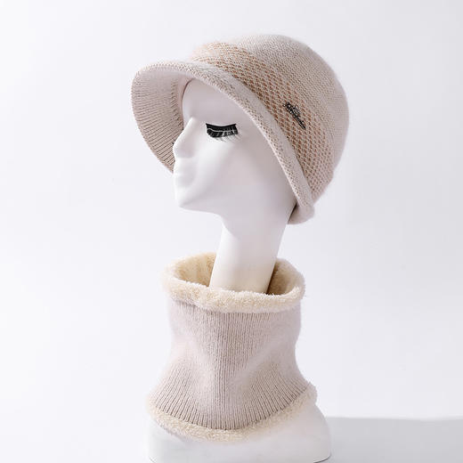 ZQ-H1-M1332（PH拼接格纹兔毛帽子围脖套件）韩国兔毛针织帽子围脖套件冬天防寒加绒妈妈帽大头围保暖帽 商品图5
