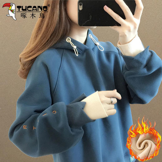 啄木鸟纯棉加绒加厚卫衣女装宽松韩版新款冬季连帽上衣洋气女外套 商品图1