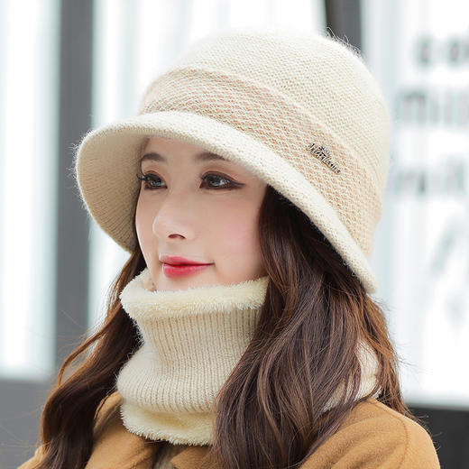 ZQ-H1-M1332（PH拼接格纹兔毛帽子围脖套件）韩国兔毛针织帽子围脖套件冬天防寒加绒妈妈帽大头围保暖帽 商品图2