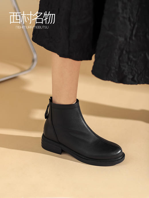 西村名物2021秋冬新款简约黑色圆头粗跟短靴后拉链女小皮靴T21DS45051 商品图2