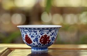 青花釉里红仿古杯  撇口杯