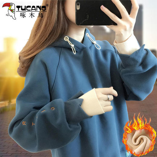 啄木鸟纯棉加绒加厚卫衣女装宽松韩版新款冬季连帽上衣洋气女外套 商品图8