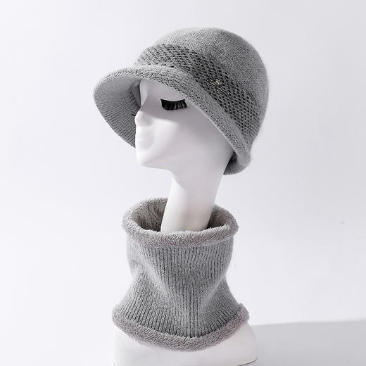 ZQ-H1-M1332（PH拼接格纹兔毛帽子围脖套件）韩国兔毛针织帽子围脖套件冬天防寒加绒妈妈帽大头围保暖帽 商品图3