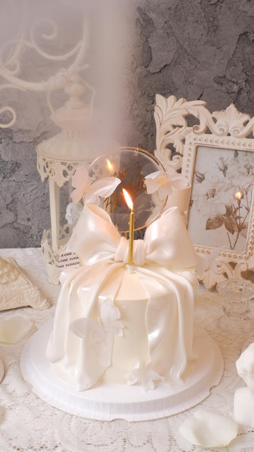 【珠光绸缎蝴蝶结】半翻糖奶油蛋糕，氛围感拉满（抹面是淡奶油+黄油） 商品图1