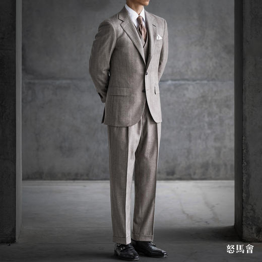 Stylbiella Super 120's 澳洲美丽诺羊毛深卡其色橙条纹套装 商品图1